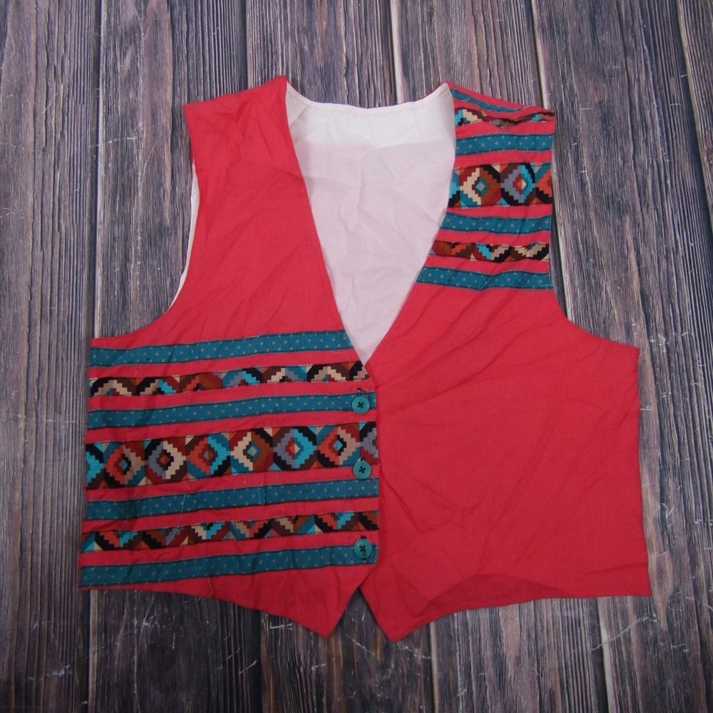 Vest Womens M Red Southwestern Geometric Lined Canvas Button‎ Front Pottery